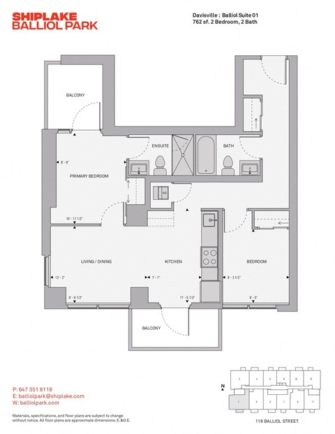 Floor plan for 2 beds, 2 baths, 762 sqft